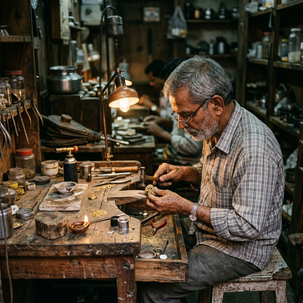 Indian craftsman hand-engraving a gold ring at a workshop bench