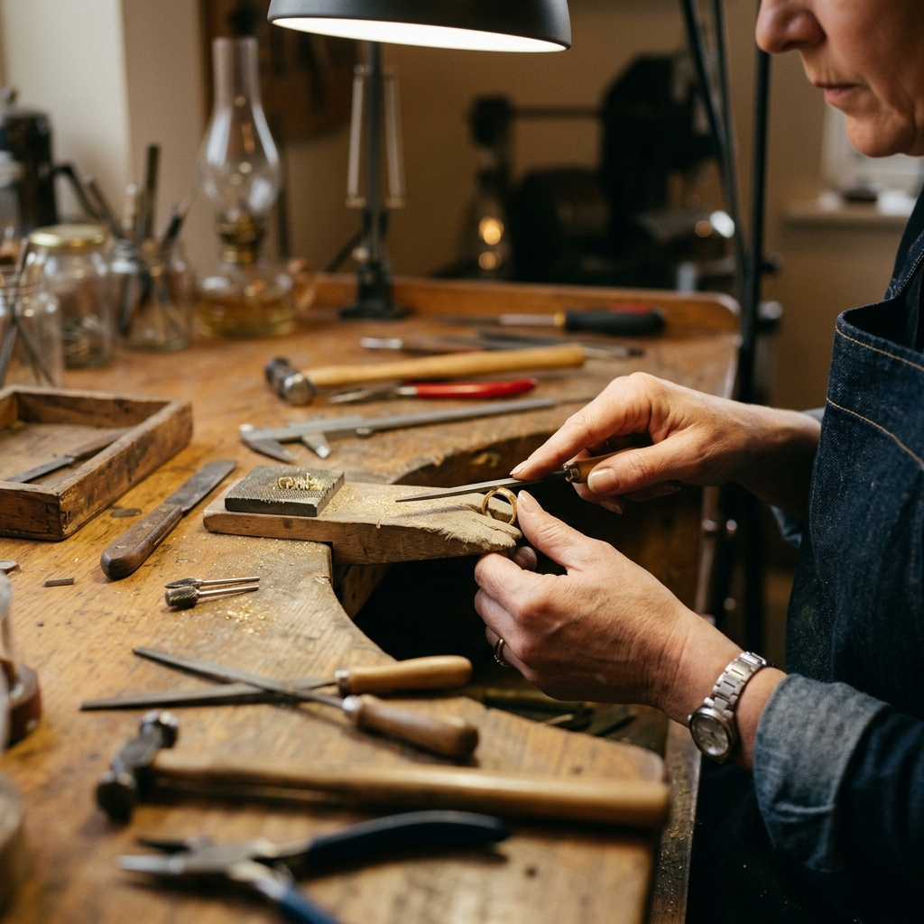 Craftsman shaping a gold ring at Abhushan